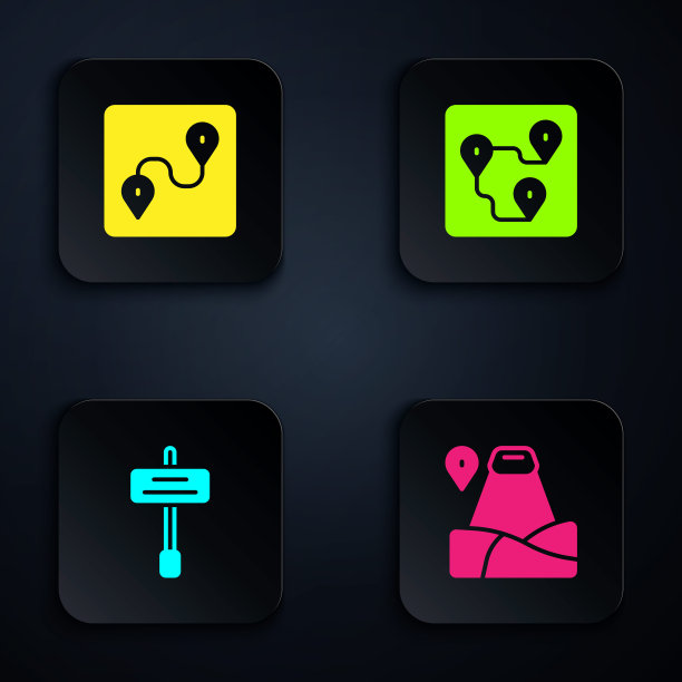 设置位置与山，路线位置，道路交通标志和。黑色方形按钮。向量图片下载