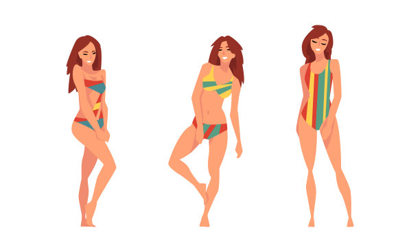 年轻女子泳装苗条的身体站立和姿势向量集图片下载
