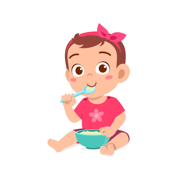 可爱的小女孩用勺子在碗里吃粥图片下载