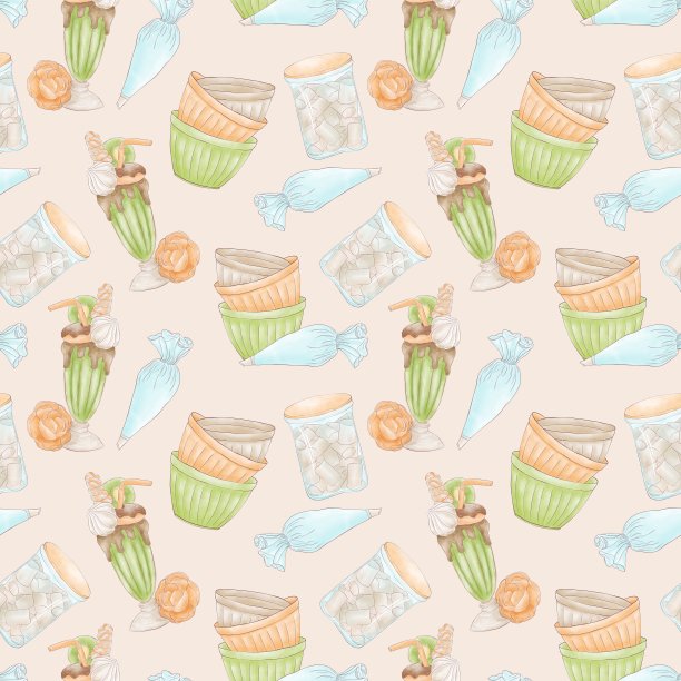 精美插图的糕点杯与棉花糖，糕点袋，猕猴桃鸡尾酒，无缝模式的米色背景图片下载
