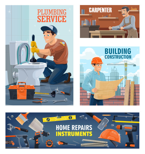 水管工建筑工人和工具横幅图片下载
