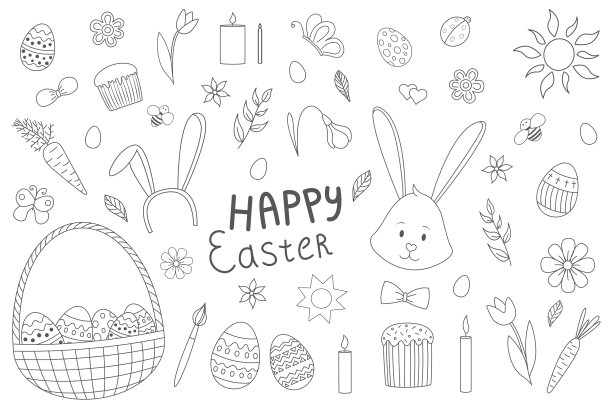 复活节设置可爱的涂鸦装饰品——兔子蛋图片下载
