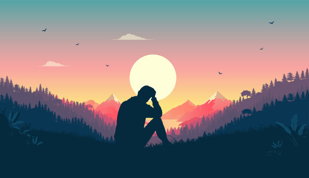 坐在风景中沉思的忧郁男子图片下载