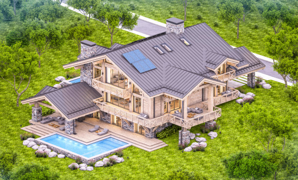 现代舒适小屋在晚上的3d渲染图片下载