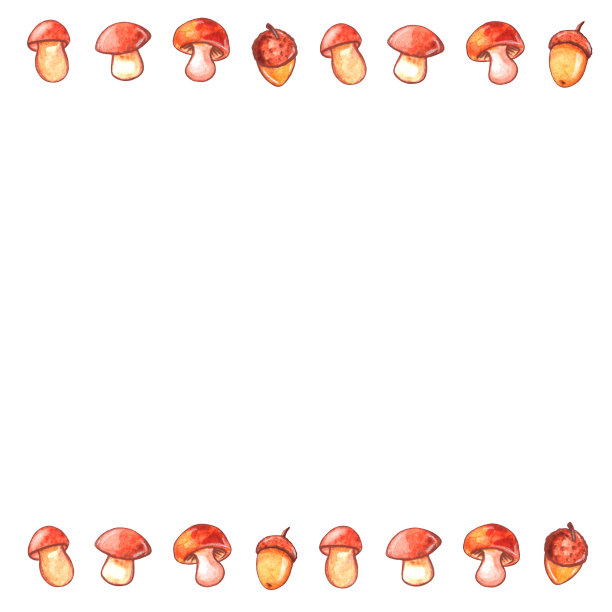 背景，水彩蘑菇和橡子框架。水平的顶部和底部边，边界，装饰秋季设计，包装，贺卡，感恩节，儿童印刷。快乐的秋天图片下载