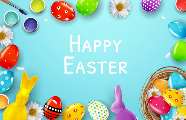 复活节海报模板与3d逼真的鸡蛋图片下载
