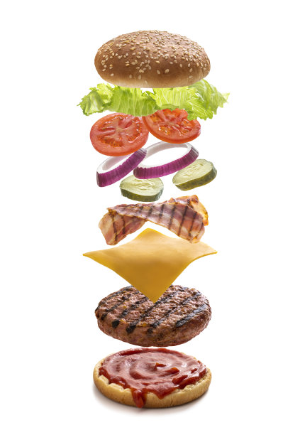 汉堡分层配料如炸飞开的小圆面包孤立上白图片下载