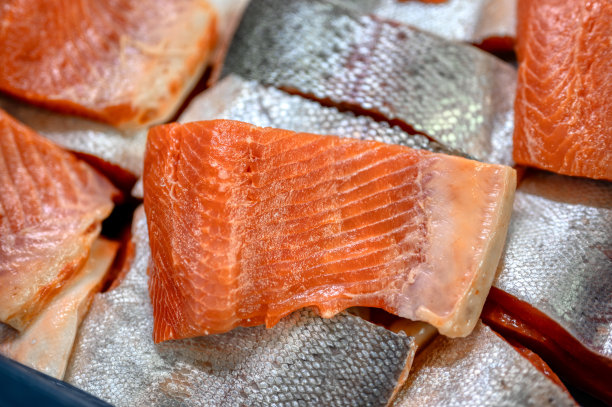 许多三文鱼和鳟鱼片，特写照片图片下载