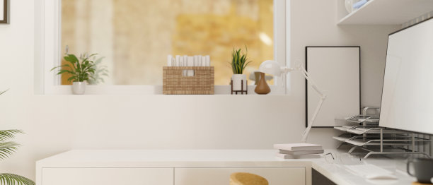 工作空间在恐怖设计与电脑，用品和装饰，3D渲染图片下载