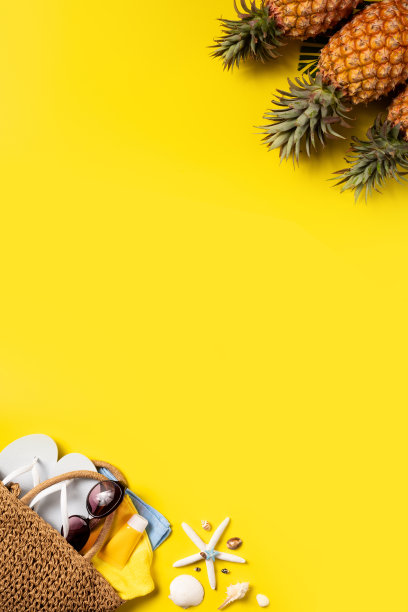 夏季水果背景设计理念。海滩贝壳，菠萝和棕榈叶在黄色的背景。图片下载