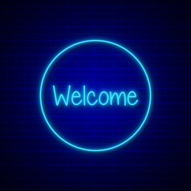 蓝色砖墙背景上的圆形霓虹灯欢迎标志图片下载