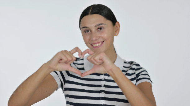 年轻的拉丁妇女手心手势，白色背景图片下载