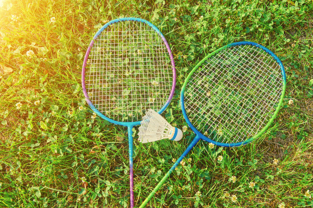 两个羽毛球拍和羽毛球在绿色草地上。羽毛球露天比赛活动。羽毛球户外运动。图片下载