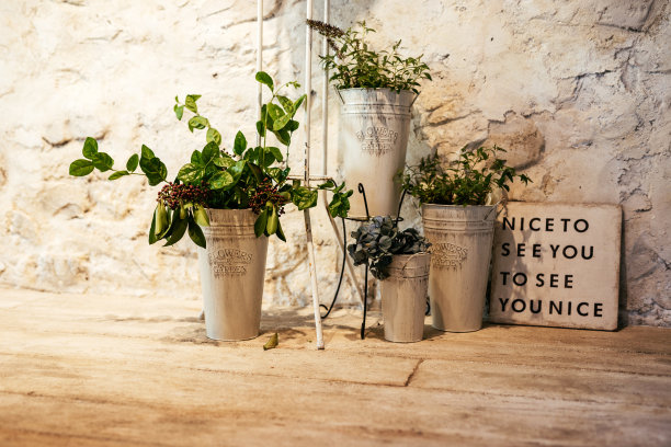 四个复古风格的锡桶，木地板和白色的石墙背景。还有一块写着“很高兴见到你”的牌子。图片下载