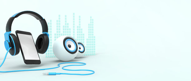 音乐在线概念听播放列表和智能手机与耳机和扬声器在绿色背景。最小，复制空间，设计横幅，艺术作品，网站3d渲染图片下载