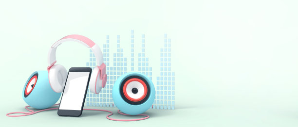 数字音乐在线播放列表听概念和智能手机与耳机和扬声器的蓝色背景。最小，复制空间，设计横幅-3d渲染图片下载