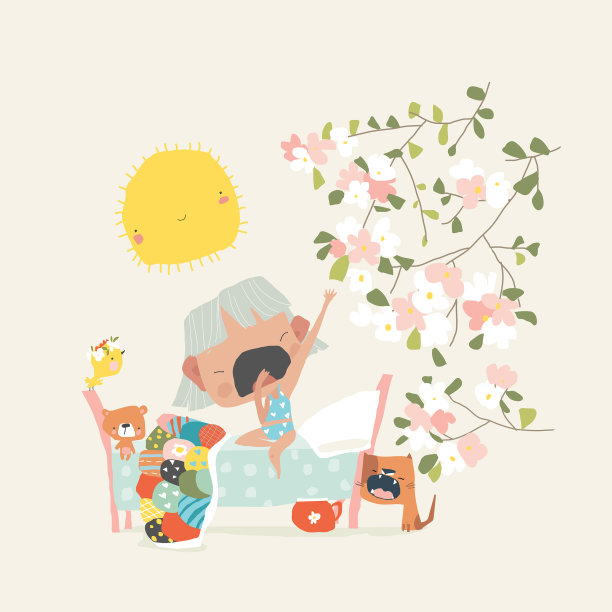 可爱的小女孩醒了，在床上打哈欠图片下载