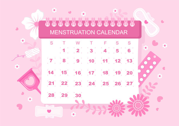 月经周期日历女性检查日期周期。插图生殖器官女性，卫生巾和药物图片下载