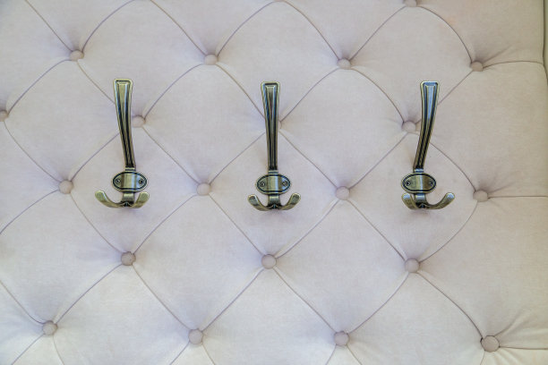 门厅里用于外套的黄铜挂钩。图片下载