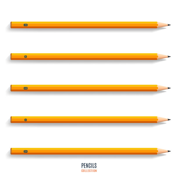 一套逼真的削尖的黄色铅笔与阴影孤立在白色的背景。绘图和工作文具图片下载