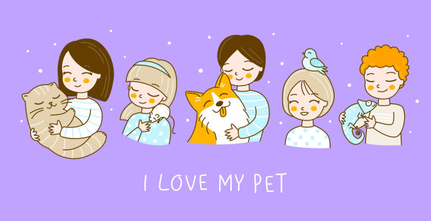 一套可爱的孩子和他们的宠物在紫色的背景-卡通男孩和女孩的角色与猫，老鼠，狗，鸟和变色龙图片下载