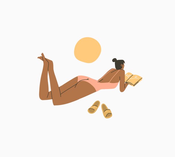 手绘矢量抽象股票图形夏季卡通，极简主义风格的插图印刷与波西米亚美丽的女孩日光浴和阅读在海滩上，在白色的背景孤立。图片下载