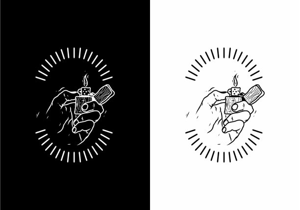 黑白线条艺术手握打火机徽章设计图片下载