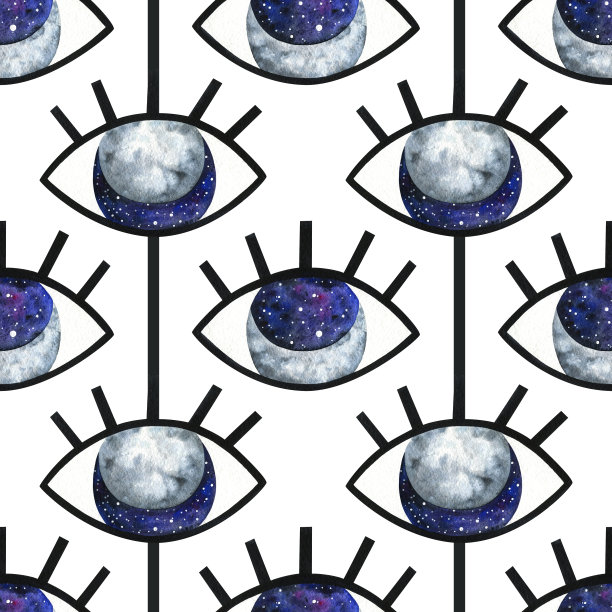 宇宙在睁开的眼睛里。抽象的无缝图案与月亮和空间在瞳孔。时尚的装饰在白色的背景与黑色的条纹。装饰印刷与水彩插图图片下载
