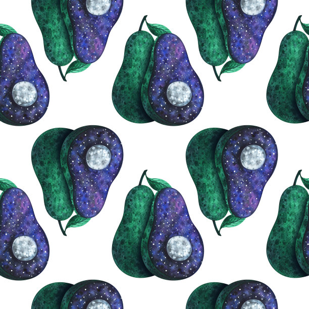 牛油果以宇宙的形式出现，骨头以月亮的形式出现。水彩无缝图案的一种异域水果。时尚，抽象打印在白色的背景。素食片,说明图片下载