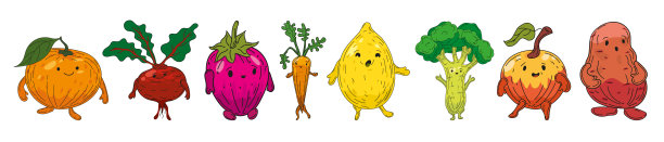 蔬菜套手绘素描人物卡通。收集橘子、甜菜根、草莓、胡萝卜、柠檬、花椰菜、苹果、土豆图片下载