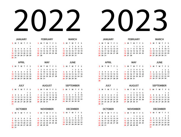 日历2022年，2023年-插图。一周从周日开始。日历设定为2022年、2023年图片下载