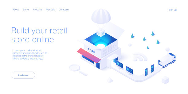 在线零售商店运输的等距矢量设计。店送服务和卡车物流理念。市场供应链和运输。网页横幅布局模板。图片下载