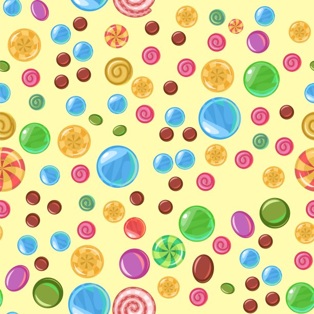 糖果和分散。无缝模式。各式各样的甜点点缀。焦糖糖。边境无缝。平坦的背景说明。向量图片下载