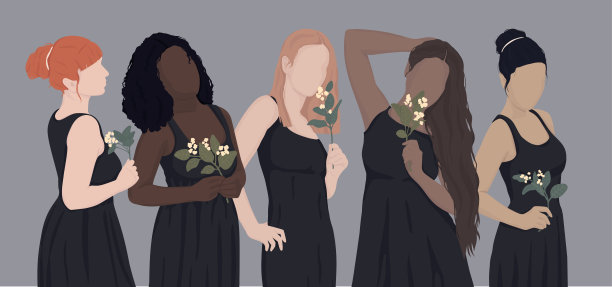 一组来自不同种族的女性穿着黑色服装，手里拿着鲜花。现代平面插图。明信片，海报，横幅，杂志封面图片下载