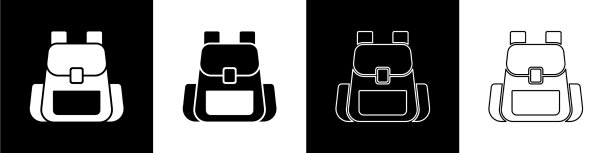 设置徒步背包图标孤立在黑色和图片下载