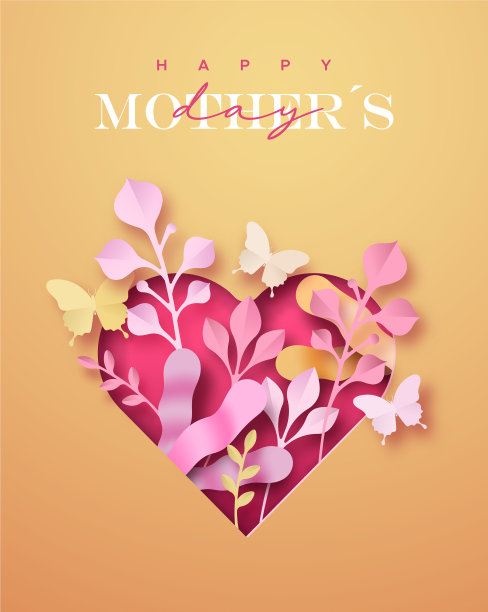 母亲节快乐粉色剪纸心卡图片下载