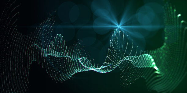 摘要技术背景与波浪形网格在离焦和暗光效果上。商业、科技旗帜。图片下载