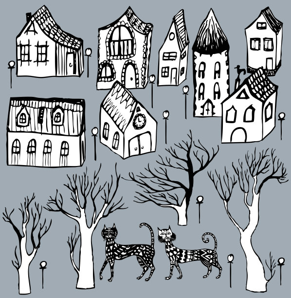 矢量图像神话般的城市景观与散步的猫图片下载