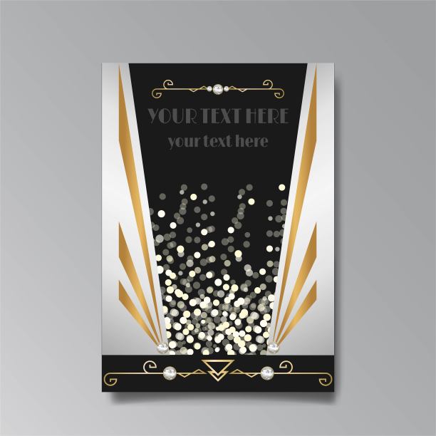 装饰艺术模板金色黑色，A4页，菜单，卡片，现代邀请，月亮的星星和城市灯光装饰艺术图片下载