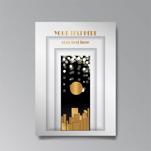 装饰艺术模板金色黑色，A4页，菜单，卡片，现代邀请，月亮星星和城市灯光在装饰艺术图片下载