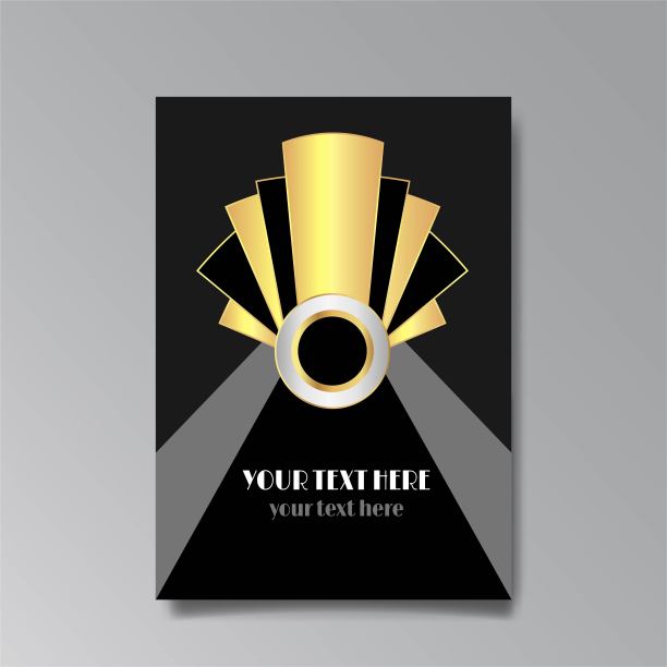 装饰艺术模板金色黑色，A4页，菜单，卡片，现代邀请，月亮星星和城市灯光在装饰艺术图片下载