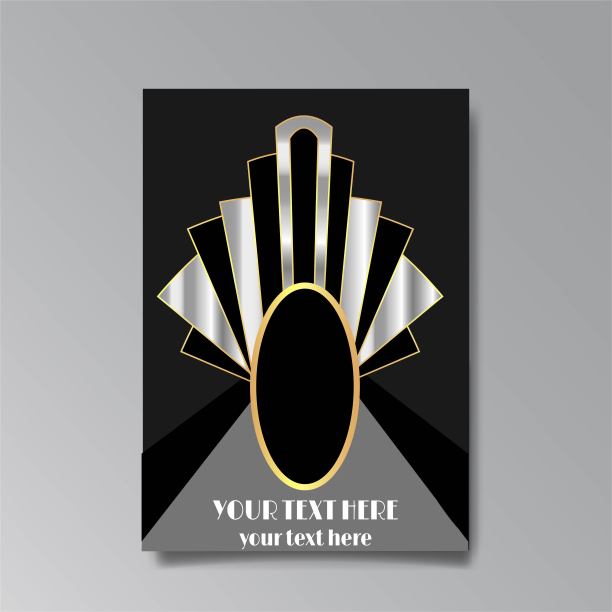 装饰艺术模板金色黑色，A4页，菜单，卡片，现代邀请，月亮的星星和城市灯光装饰艺术图片下载