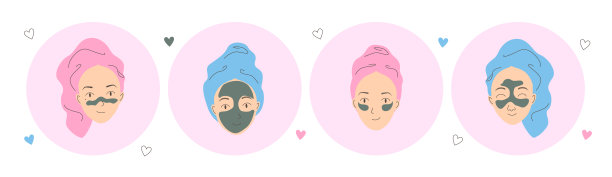 美丽的面具女孩图标集。女孩们用毛巾做面部黑土面具肖像。家庭水疗放松美容程序，自我护理，皮肤护理常规。鲜艳多彩的卡通人物女孩向量。图片下载