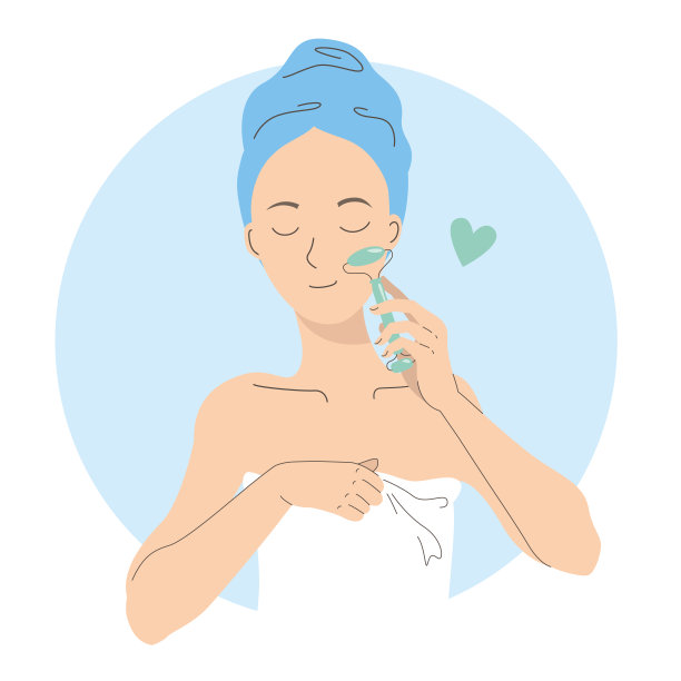 美女年轻女子在沐浴后用毛巾按摩脸部。护肤程序采用玉石石英石面辊。家庭水疗面部按摩程序彩色平面卡通矢量插图。图片下载