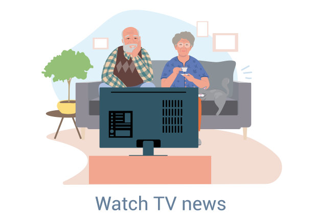 一对老夫妇坐在电视机前看新闻图片下载