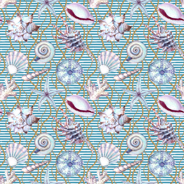 水彩海贝壳无缝图案。手绘贝壳纹理条纹海洋背景图片下载