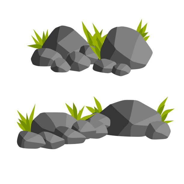 以石头为背景的自然景观。山岳和森林的元素。一套岩石与草的风景景观-卡通插图图片下载