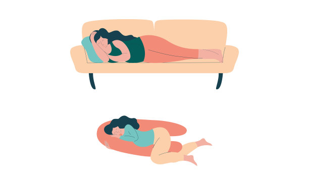 孕妇的幸福生活：准妈妈怀孕期间躺在沙发上，抱着枕头睡觉矢量图图片下载