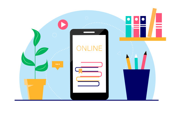 插图为网页设计，横幅，营销，印刷材料。手机屏幕与书籍，铅笔架，书架和植物。图片下载