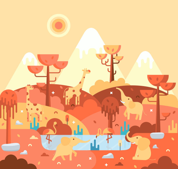 平面卡通插图，长颈鹿，大象和粉红色火烈鸟在湖-非洲景观广场图片下载